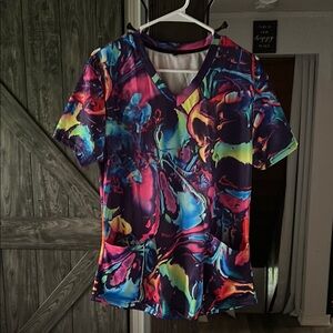 Pink and Blue Graphic Short Sleeve Scrub Top